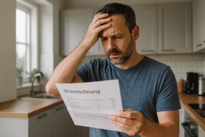 Mann öffnet Stromrechnung, hält Brief und fasst sich an den Kopf – Symbolbild hoher Strompreis in Deutschland