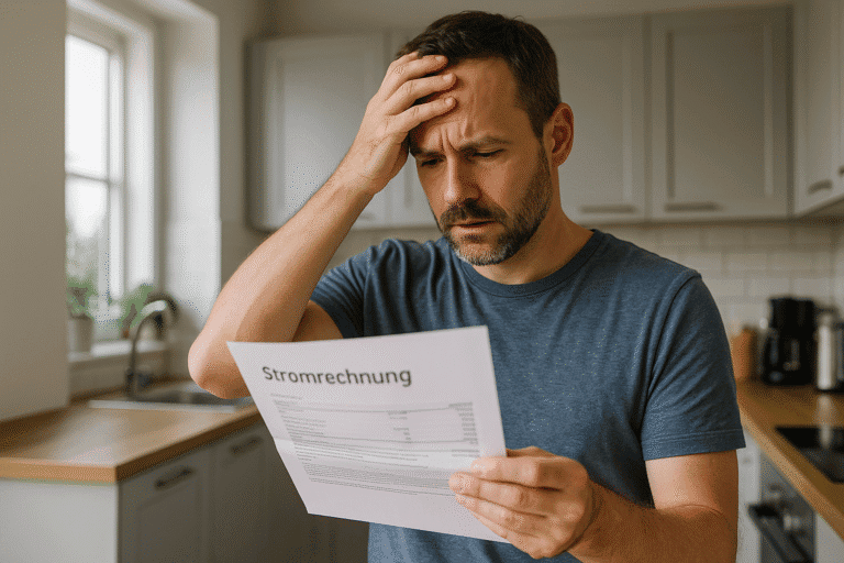 Mann öffnet Stromrechnung, hält Brief und fasst sich an den Kopf – Symbolbild hoher Strompreis in Deutschland